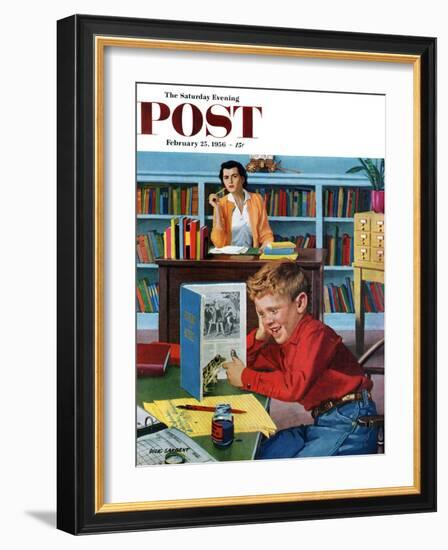 "Frog in the Library" Saturday Evening Post Cover, February 25, 1956-Richard Sargent-Framed Giclee Print