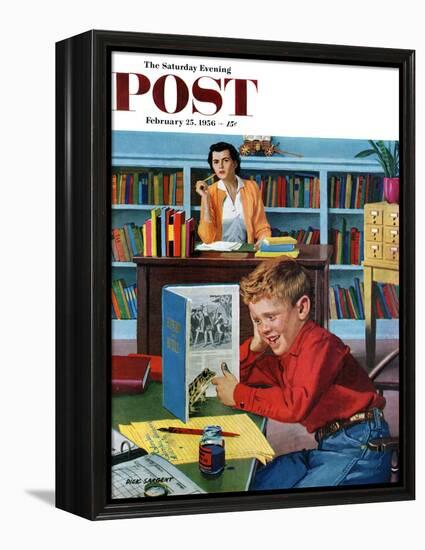 "Frog in the Library" Saturday Evening Post Cover, February 25, 1956-Richard Sargent-Framed Premier Image Canvas
