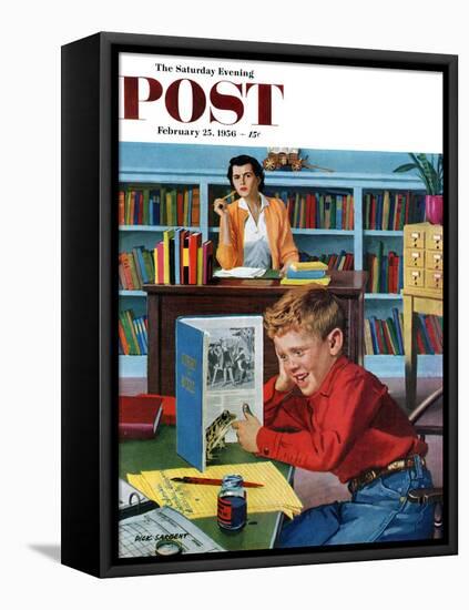 "Frog in the Library" Saturday Evening Post Cover, February 25, 1956-Richard Sargent-Framed Premier Image Canvas