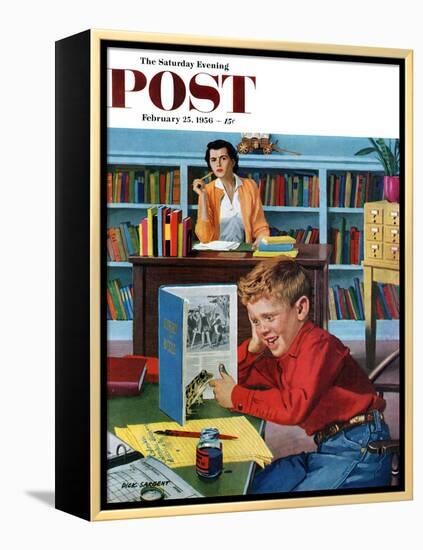 "Frog in the Library" Saturday Evening Post Cover, February 25, 1956-Richard Sargent-Framed Premier Image Canvas