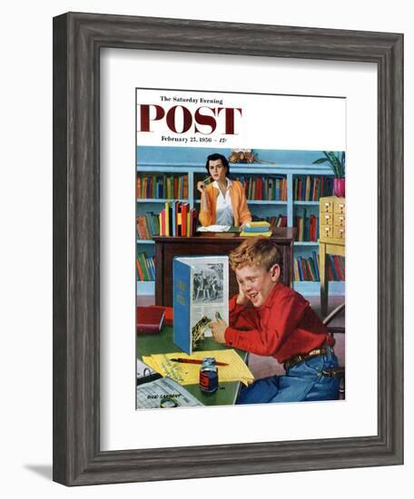 "Frog in the Library" Saturday Evening Post Cover, February 25, 1956-Richard Sargent-Framed Giclee Print