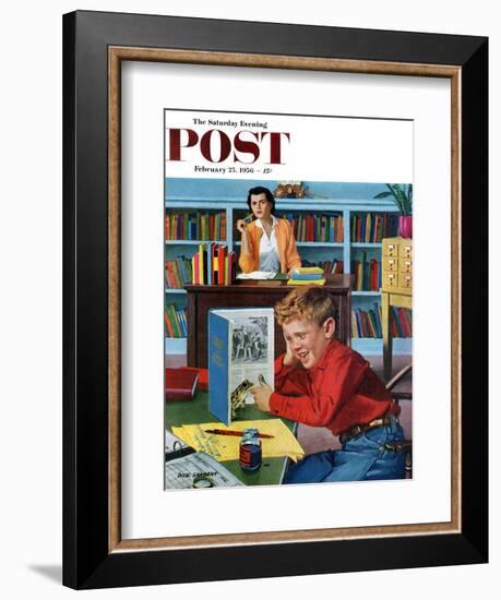 "Frog in the Library" Saturday Evening Post Cover, February 25, 1956-Richard Sargent-Framed Giclee Print