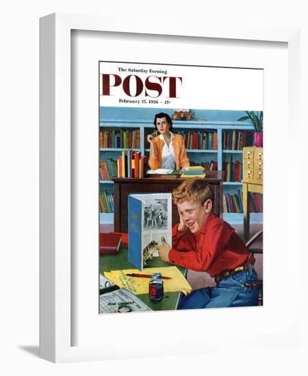 "Frog in the Library" Saturday Evening Post Cover, February 25, 1956-Richard Sargent-Framed Giclee Print
