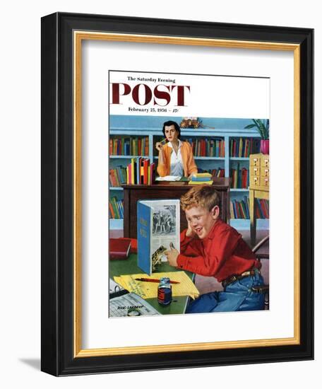 "Frog in the Library" Saturday Evening Post Cover, February 25, 1956-Richard Sargent-Framed Giclee Print