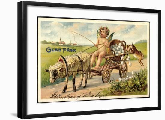 Frohe Ostern, Engel, Lamm, Ostereiern, Hase, Karren-null-Framed Giclee Print