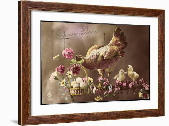 Frohe Ostern, Huhn, Küken, Ostereierkorb, Ast, Blumen-null-Framed Giclee Print