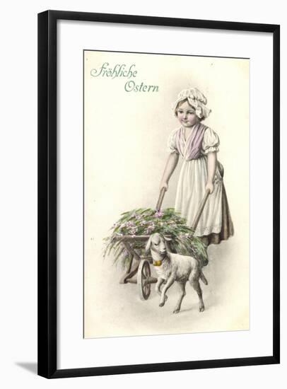 Frohe Ostern, Mädchen Mit Karren, Lamm, Blumen-null-Framed Giclee Print