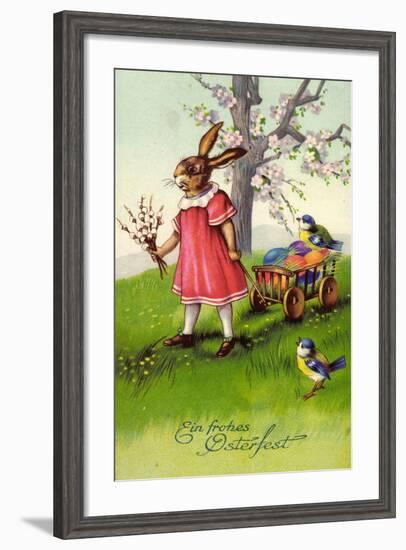 Frohe Ostern,Osterhase Zieht Wagen, Ostereier, Spatzen-null-Framed Giclee Print