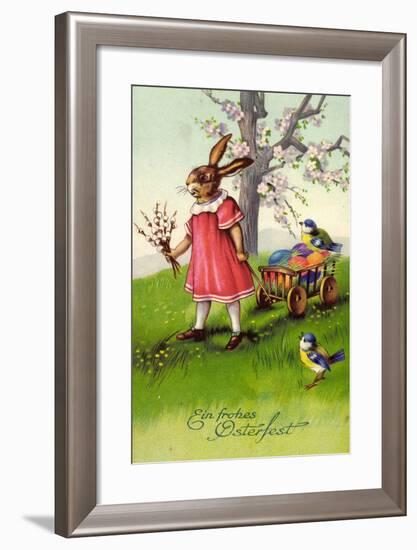 Frohe Ostern,Osterhase Zieht Wagen, Ostereier, Spatzen-null-Framed Giclee Print