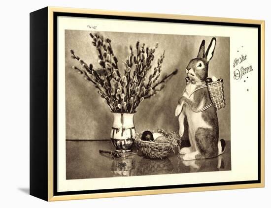 Frohe Ostern, Osterhasenfigur, Osterei, Kätzchen-null-Framed Premier Image Canvas