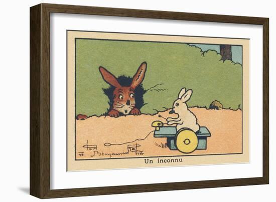 From the Entrance of His Burrow a Rabbit Observes a Rabbit Playing a Musical Toy with Wheels.” A St-Benjamin Rabier-Framed Giclee Print