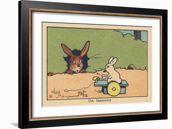 From the Entrance of His Burrow a Rabbit Observes a Rabbit Playing a Musical Toy with Wheels.” A St-Benjamin Rabier-Framed Giclee Print