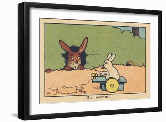 From the Entrance of His Burrow a Rabbit Observes a Rabbit Playing a Musical Toy with Wheels.” A St-Benjamin Rabier-Framed Giclee Print