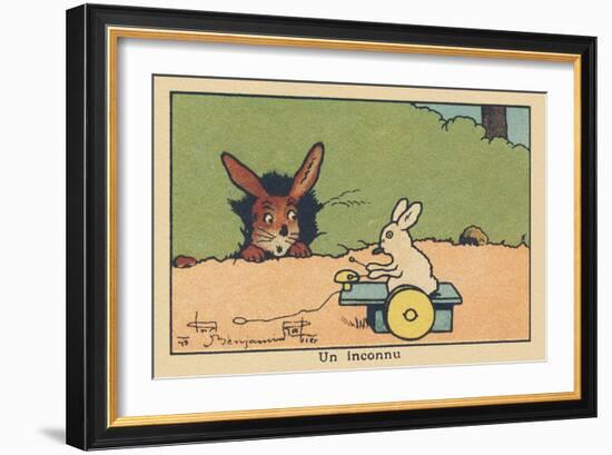 From the Entrance of His Burrow a Rabbit Observes a Rabbit Playing a Musical Toy with Wheels.” A St-Benjamin Rabier-Framed Giclee Print