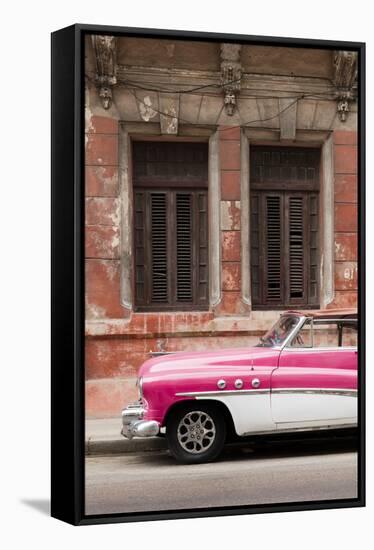 Front half of white and pink old vintage car, Havana, Cuba-Ed Hasler-Framed Stretched Canvas