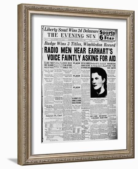 Front Page of Newspaper Reporting on Amelia Earhart Disappearance-null-Framed Giclee Print