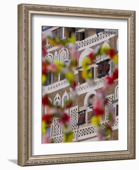 Frontage of Buildings and Floral Decorations, Sana'a, Yemen-Peter Adams-Framed Photographic Print