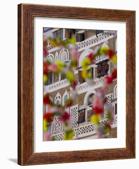 Frontage of Buildings and Floral Decorations, Sana'a, Yemen-Peter Adams-Framed Photographic Print