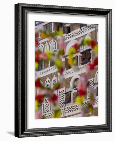 Frontage of Buildings and Floral Decorations, Sana'a, Yemen-Peter Adams-Framed Photographic Print