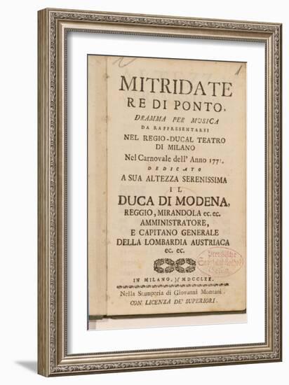 Frontispiece from an Early Copy of 'Mitridate, Re Di Ponte', an Opera by Wolfgang Amadeus Mozart-Italian School-Framed Giclee Print