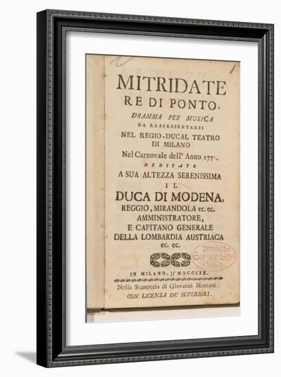 Frontispiece from an Early Copy of 'Mitridate, Re Di Ponte', an Opera by Wolfgang Amadeus Mozart-Italian School-Framed Giclee Print