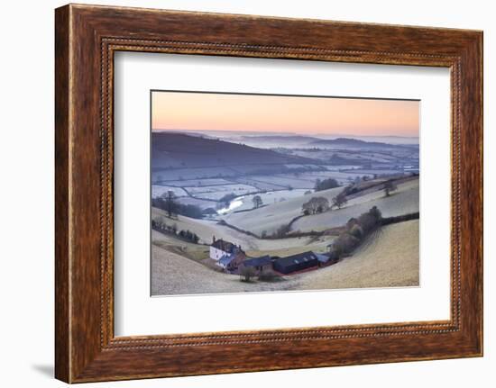 Frost coated countryside and farm buildings at sunrise, Exe Valley, Devon, England. Winter (March) -Adam Burton-Framed Photographic Print