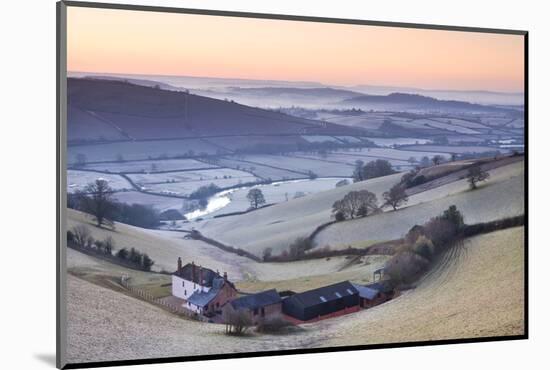 Frost coated countryside and farm buildings at sunrise, Exe Valley, Devon, England. Winter (March) -Adam Burton-Mounted Photographic Print