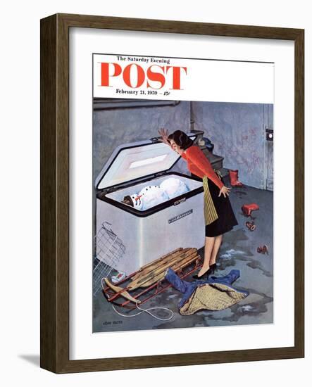 "Frosty in the Freezer" Saturday Evening Post Cover, February 21, 1959-John Falter-Framed Giclee Print