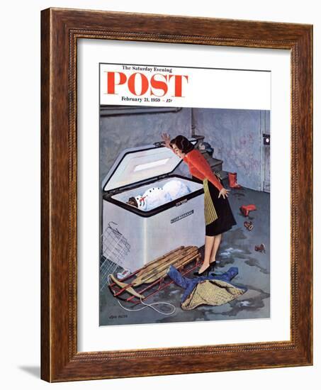 "Frosty in the Freezer" Saturday Evening Post Cover, February 21, 1959-John Falter-Framed Giclee Print