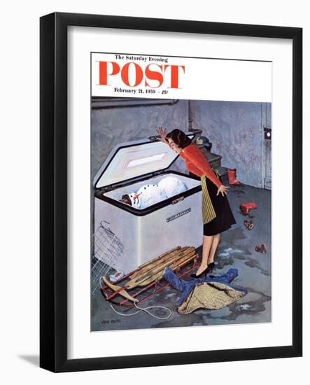 "Frosty in the Freezer" Saturday Evening Post Cover, February 21, 1959-John Falter-Framed Giclee Print