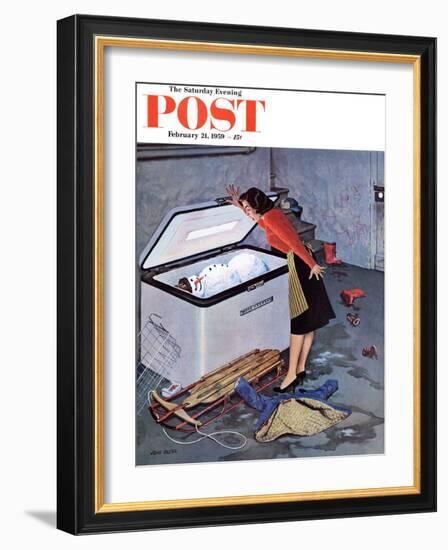 "Frosty in the Freezer" Saturday Evening Post Cover, February 21, 1959-John Falter-Framed Giclee Print