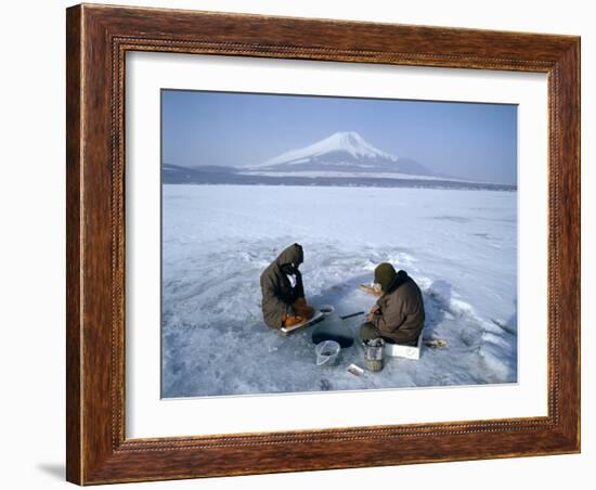 Frozen Lake with Fishermen, Lake Yamanaka, Mount Fuji, Honshu, Japan-null-Framed Photographic Print