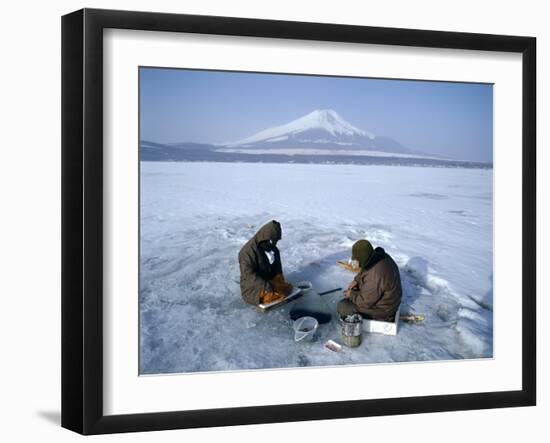 Frozen Lake with Fishermen, Lake Yamanaka, Mount Fuji, Honshu, Japan-null-Framed Photographic Print