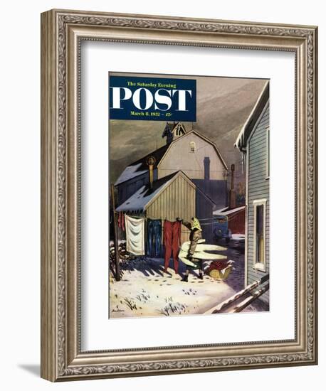 "Frozen Laundry" Saturday Evening Post Cover, March 8, 1952-Stevan Dohanos-Framed Giclee Print