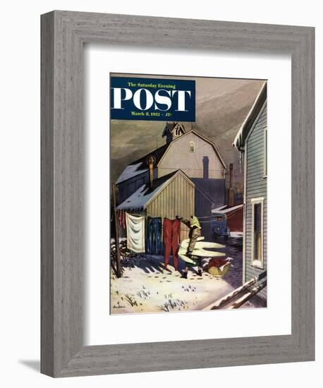 "Frozen Laundry" Saturday Evening Post Cover, March 8, 1952-Stevan Dohanos-Framed Giclee Print