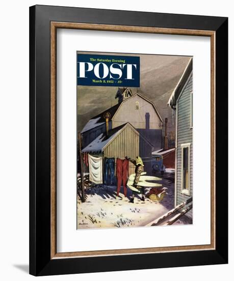 "Frozen Laundry" Saturday Evening Post Cover, March 8, 1952-Stevan Dohanos-Framed Giclee Print