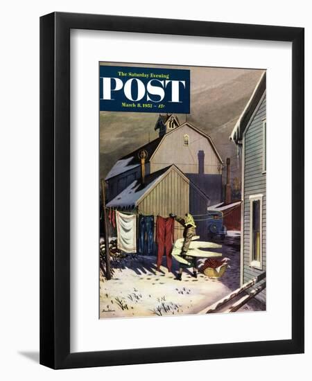 "Frozen Laundry" Saturday Evening Post Cover, March 8, 1952-Stevan Dohanos-Framed Giclee Print