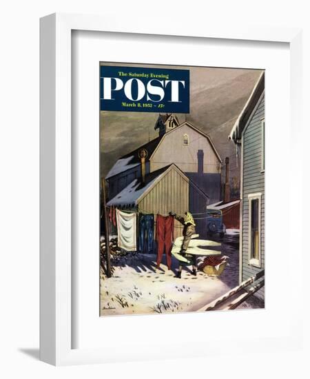 "Frozen Laundry" Saturday Evening Post Cover, March 8, 1952-Stevan Dohanos-Framed Giclee Print