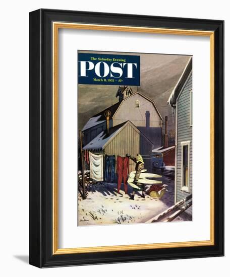 "Frozen Laundry" Saturday Evening Post Cover, March 8, 1952-Stevan Dohanos-Framed Giclee Print