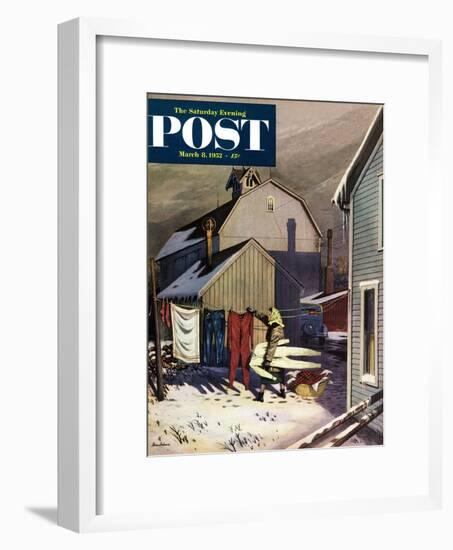 "Frozen Laundry" Saturday Evening Post Cover, March 8, 1952-Stevan Dohanos-Framed Giclee Print