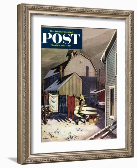 "Frozen Laundry" Saturday Evening Post Cover, March 8, 1952-Stevan Dohanos-Framed Giclee Print