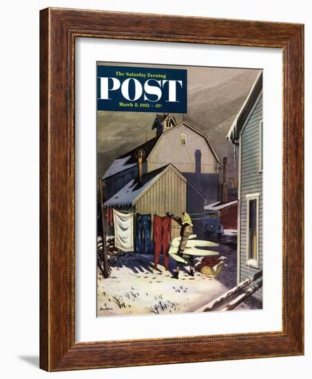 "Frozen Laundry" Saturday Evening Post Cover, March 8, 1952-Stevan Dohanos-Framed Giclee Print