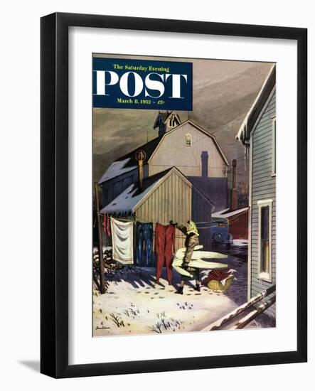 "Frozen Laundry" Saturday Evening Post Cover, March 8, 1952-Stevan Dohanos-Framed Giclee Print