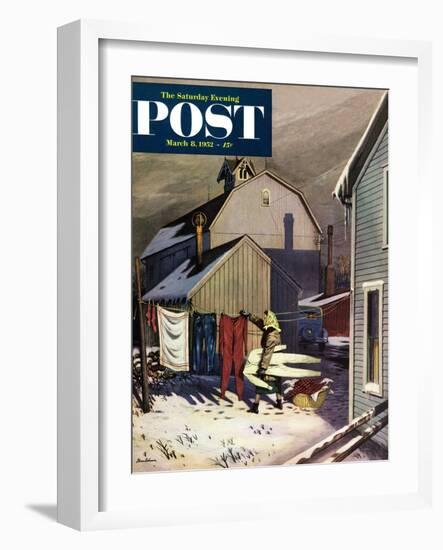 "Frozen Laundry" Saturday Evening Post Cover, March 8, 1952-Stevan Dohanos-Framed Giclee Print