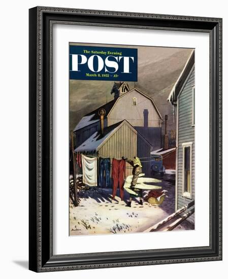 "Frozen Laundry" Saturday Evening Post Cover, March 8, 1952-Stevan Dohanos-Framed Giclee Print