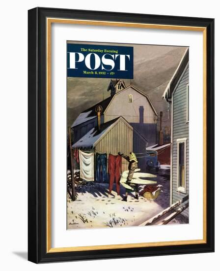 "Frozen Laundry" Saturday Evening Post Cover, March 8, 1952-Stevan Dohanos-Framed Giclee Print