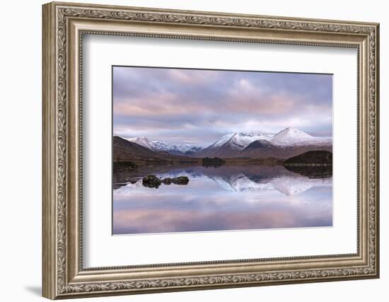 Frozen Lochan na h-Achlaise and snow covered Black Mount mountain range, Rannoch Moor, Scotland. Wi-Adam Burton-Framed Photographic Print