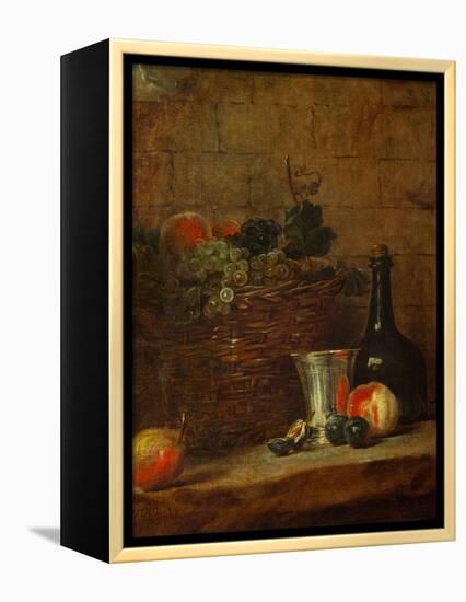 Fruit Basket with Grapes, a Silver Goblet and a Bottle, Peaches, Plums, and a Pear-Jean-Baptiste Simeon Chardin-Framed Premier Image Canvas