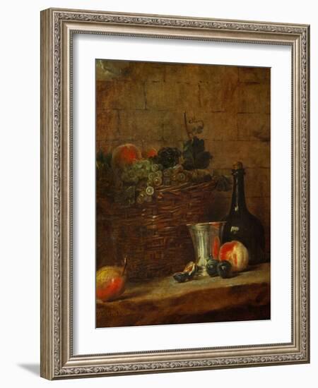 Fruit Basket with Grapes, a Silver Goblet and a Bottle, Peaches, Plums, and a Pear-Jean-Baptiste Simeon Chardin-Framed Giclee Print