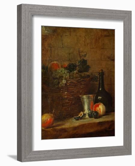 Fruit Basket with Grapes, a Silver Goblet and a Bottle, Peaches, Plums, and a Pear-Jean-Baptiste Simeon Chardin-Framed Giclee Print